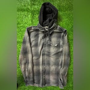 Vans Hooded Flannel Shirt Mens S Black Gray Plaid Long Sleeve Button Down Hoodie